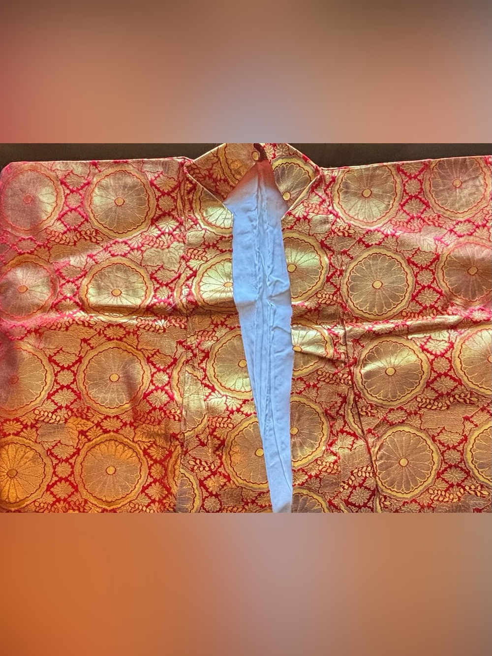 Vintage Japanese Silk Brocade Kimono Robe Large Metallic Orange & Gold Pattern - Picture 4 of 15